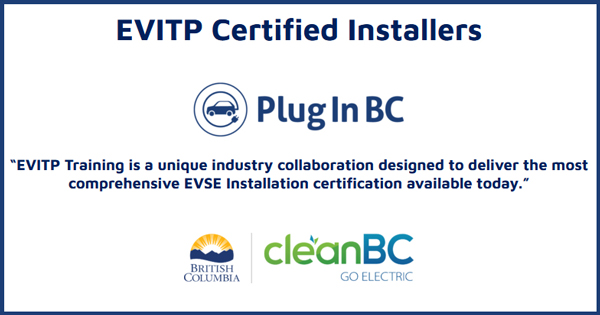 An electric vehical is charging, with the text, Clean BC, our nature, our value, our future. Clean BC Go Electric, EV charging Rebate Program.